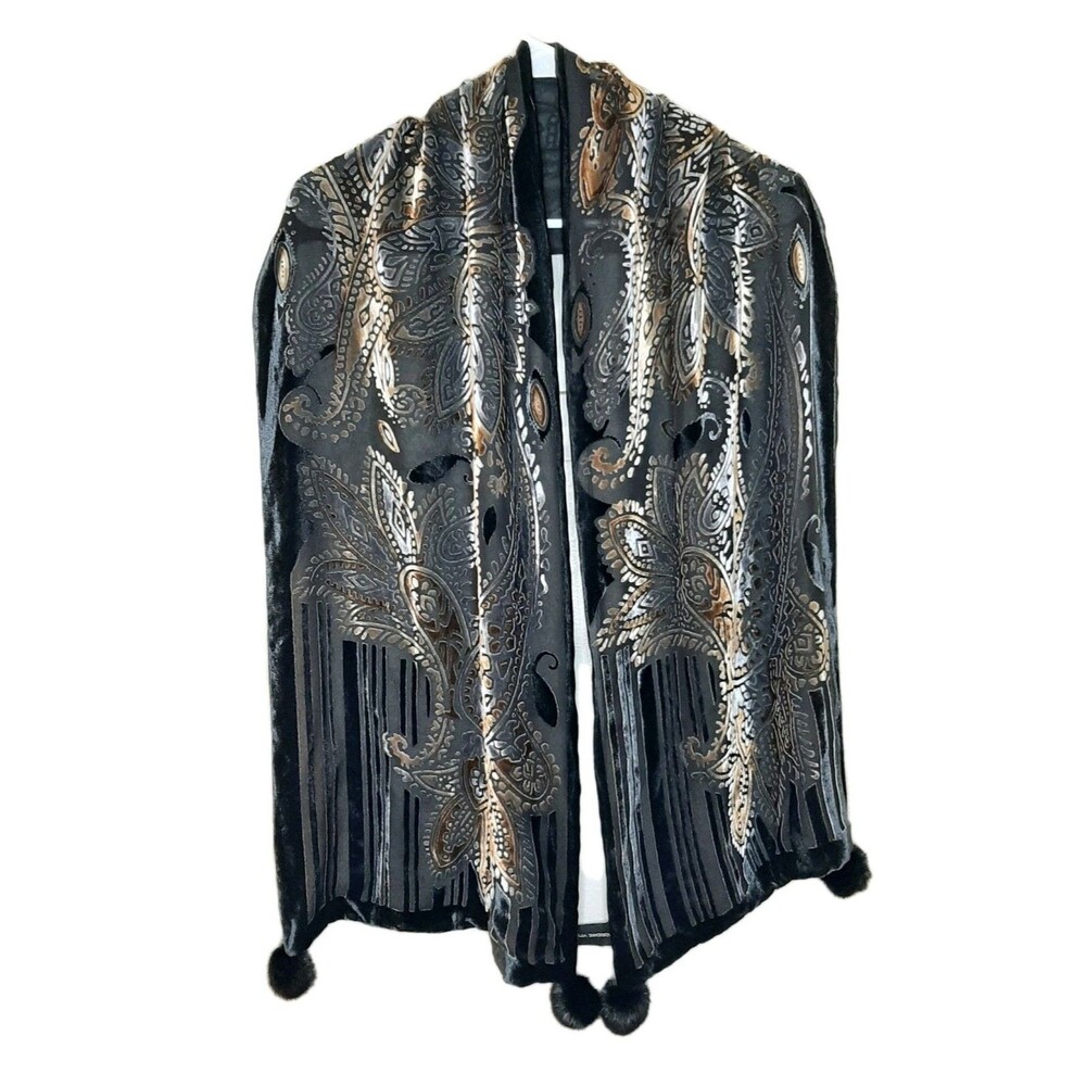 Adrienne Vittadini Scarf Black 13.5" X 62" Burnout Faux Fur Pom Poms Silk Velvet